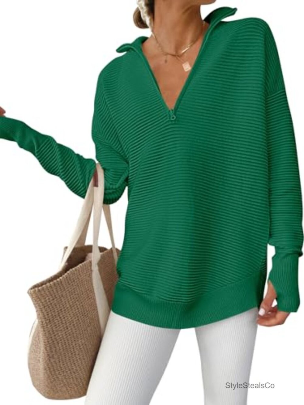 Loose Fit V Neck Quarter Zip Pullover Sweater Long Sleeve